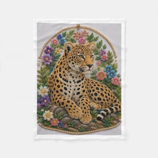 Floral Leopard Embroidery Style Fleece Blanket (Front)