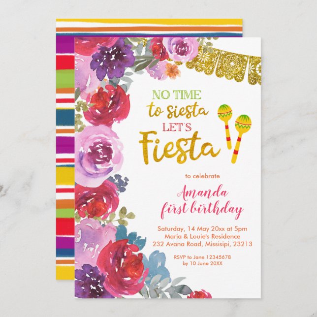 Floral Let's Fiesta First Birthday Invitation (Front/Back)