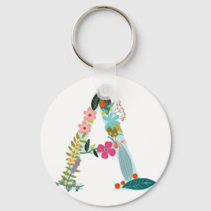 Floral Letter A Initial Monogram Key Ring