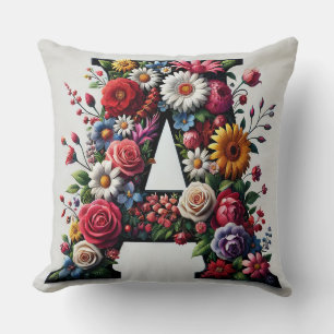 Floral Letter A with Multicolored Flowers Cushion