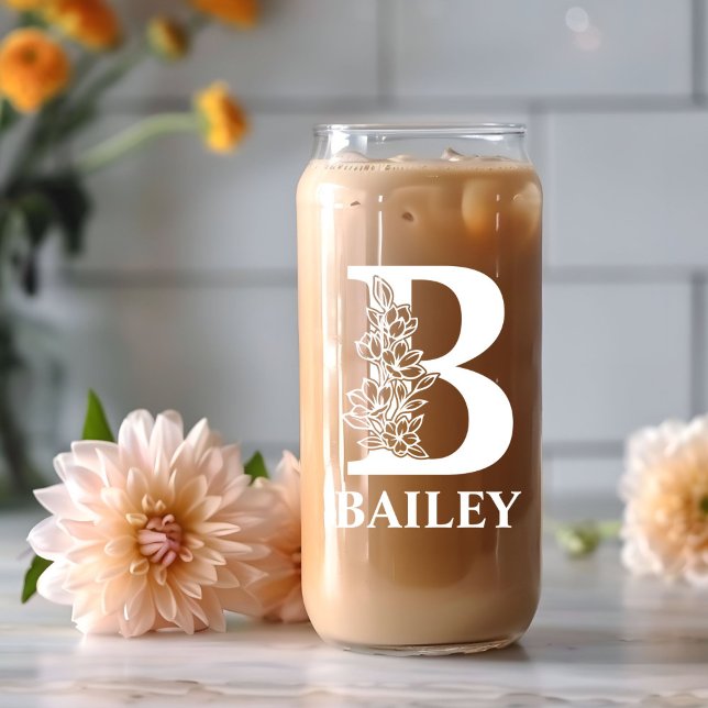 Floral Letter B Monogram Personalised Name White Can Glass (Creator Uploaded)