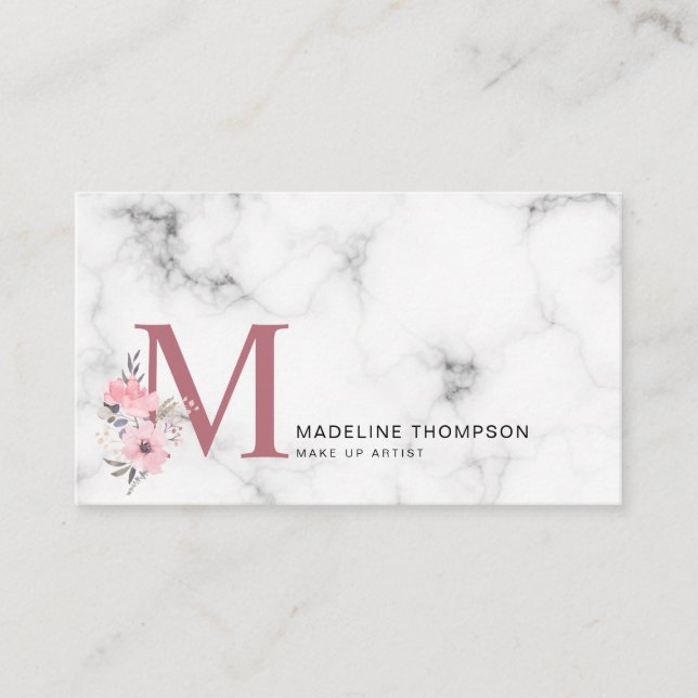 Floral Letter Blush Pink Monogram Marble Business Card (Front)