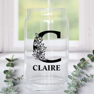 Floral Letter C Monogram and Personalised Name Can Glass