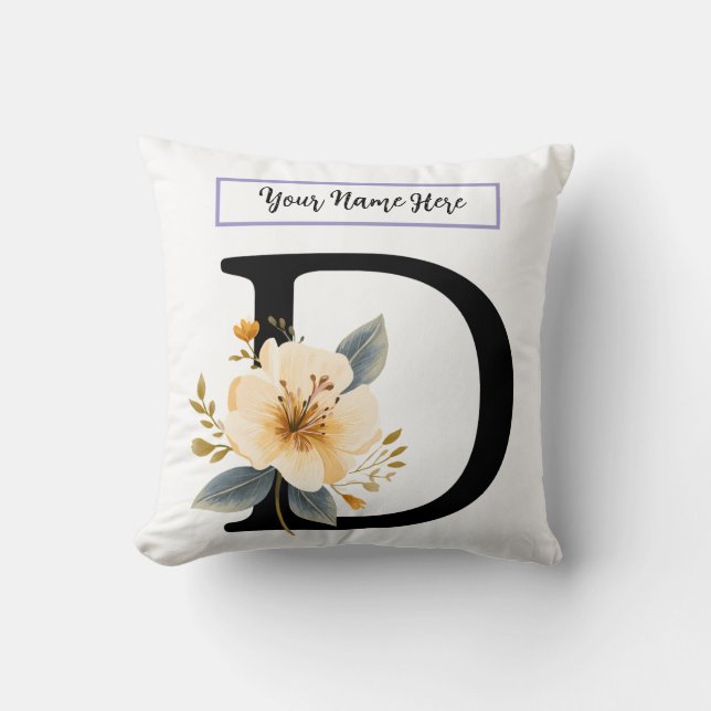 Floral Letter D Pillow – Personalized Initial Cush (Front)