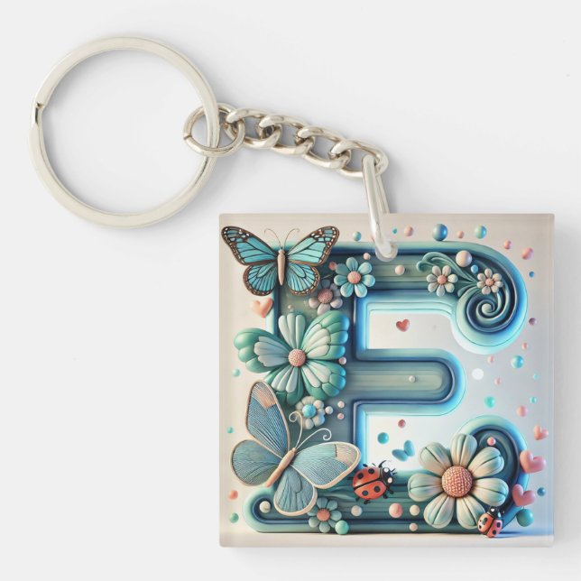 🦋 Floral Letter E Butterfly Accent 🌸 Key Ring (Front)