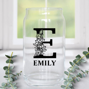 Floral Letter E Monogram and Personalised Name Can Glass