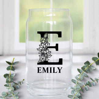 Floral Letter E Monogram and Personalised Name Can Glass