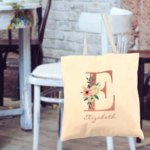 Floral Letter E Pink and Ivory Bouquet Tote Bag