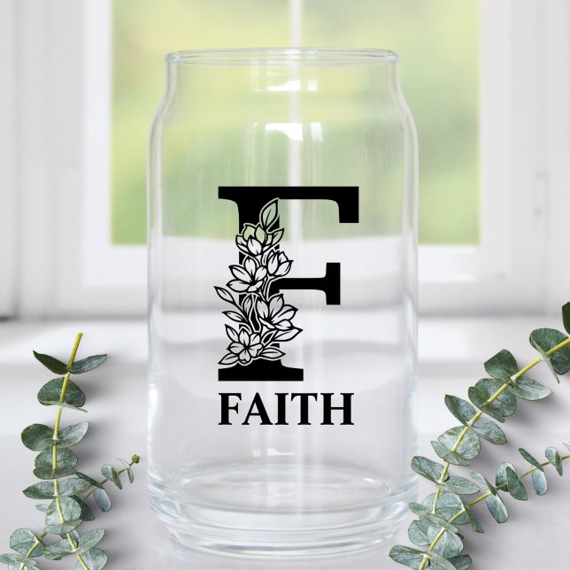 Floral Letter F Monogram and Personalised Name Can Glass (Creator Uploaded)