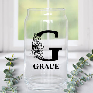 Floral Letter G Monogram and Personalised Name Can Glass