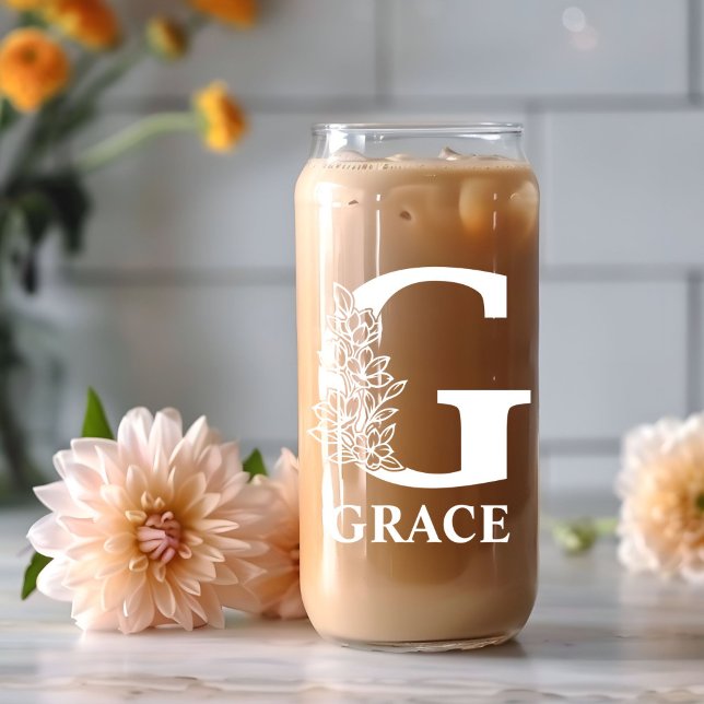 Floral Letter G Monogram Personalised Name White Can Glass (Creator Uploaded)