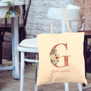 Floral Letter G Pink and Ivory Bouquet Tote Bag