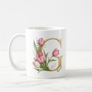 Floral Letter G Tulip Flower Personalised Mug
