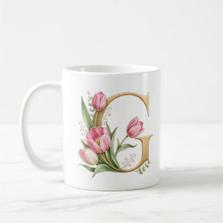 Floral Letter G Tulip Flower Personalised Mug