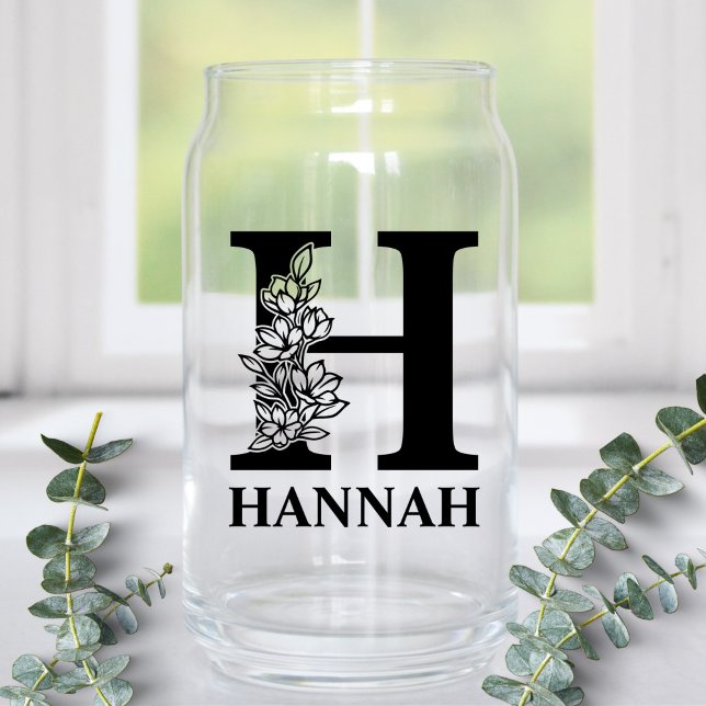 Floral Letter H Monogram and Personalised Name Can Glass (Creator Uploaded)