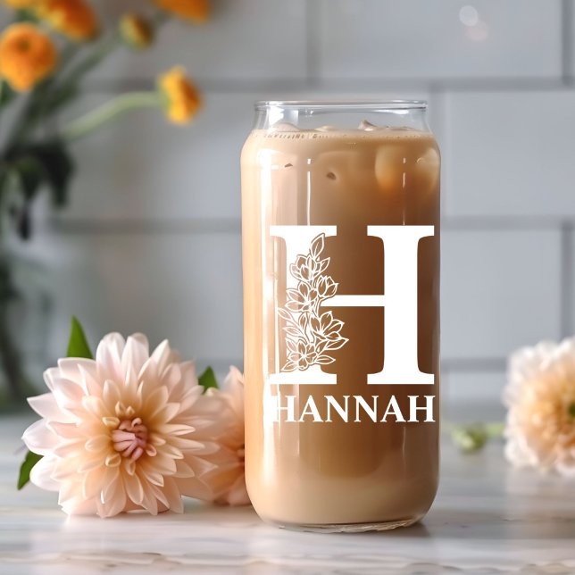 Floral Letter H Monogram Personalised Name White Can Glass (Creator Uploaded)