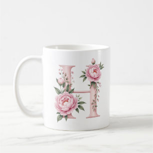 Floral Letter H Peony Flower Personalised Mug