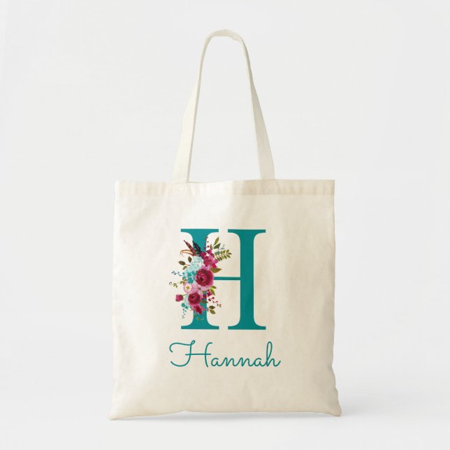 Floral Letter H Script Monogram Teal Pink Tote Bag (Front)