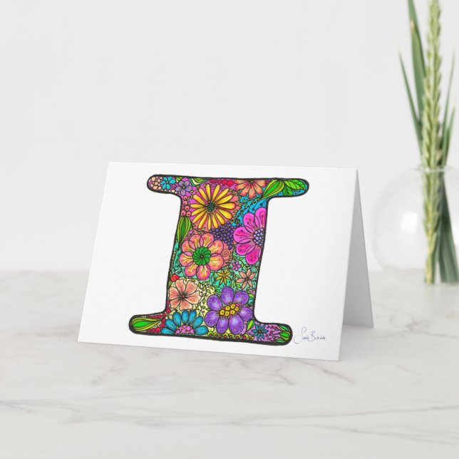 Floral Letter I Greeting Card - Blank Inside (Front)