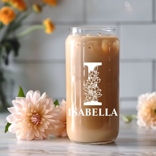 Floral Letter I Monogram Personalised Name White Can Glass (Creator Uploaded)