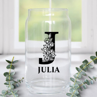 Floral Letter J Monogram and Personalised Name Can Glass