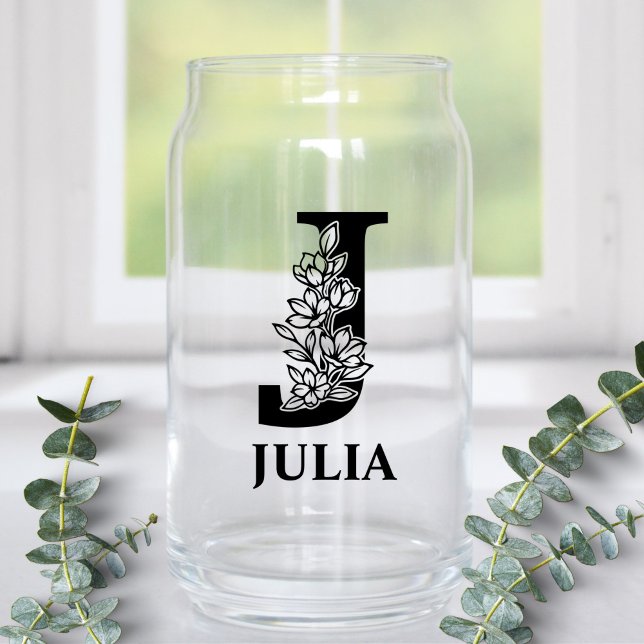 Floral Letter J Monogram and Personalised Name Can Glass (Creator Uploaded)