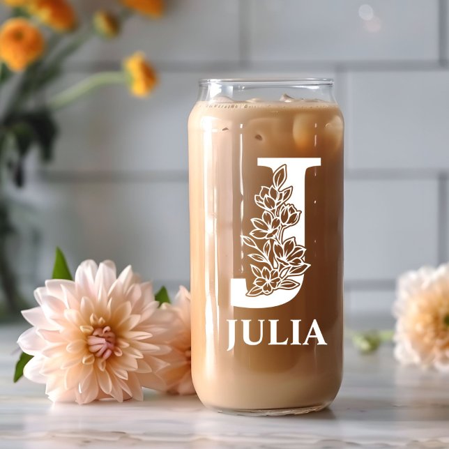 Floral Letter J Monogram Personalised Name White Can Glass (Creator Uploaded)