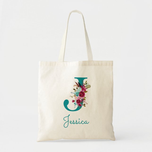 Floral Letter J Script Monogram Teal Pink Tote Bag (Front)