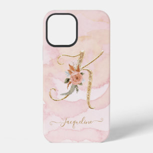 Floral Letter K Gold Script Monogram Watercolor iPhone 12 Case