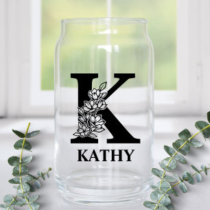 Floral Letter K Monogram and Personalised Name Can Glass
