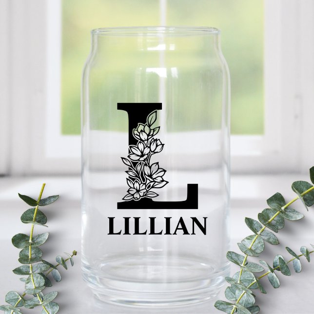 Floral Letter L Monogram and Personalised Name Can Glass (Creator Uploaded)