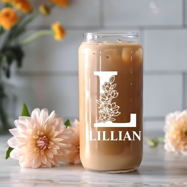 Floral Letter L Monogram Personalised Name White Can Glass (Creator Uploaded)