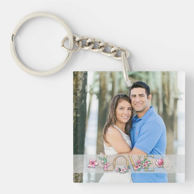 Floral Letter LOVE with Couples Photo Names Date Key Ring (Front)