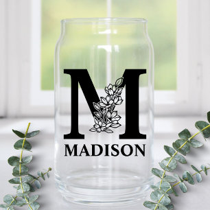 Floral Letter M Monogram and Personalised Name Can Glass