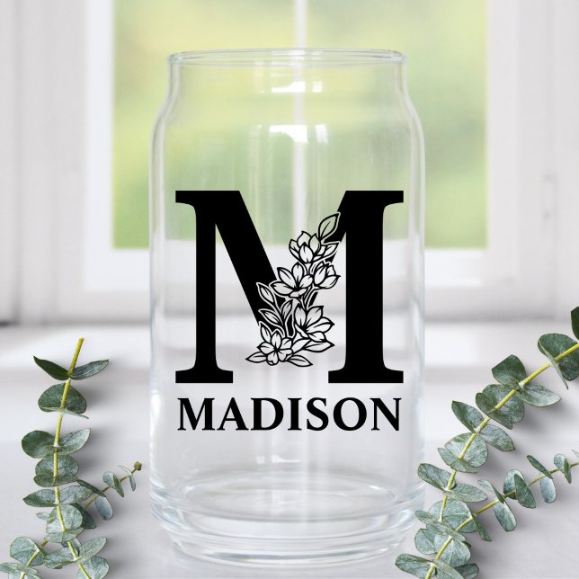Floral Letter M Monogram and Personalised Name Can Glass (Creator Uploaded)