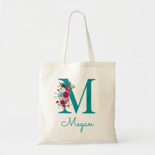 Floral Letter M Script Monogram Teal Pink Tote Bag