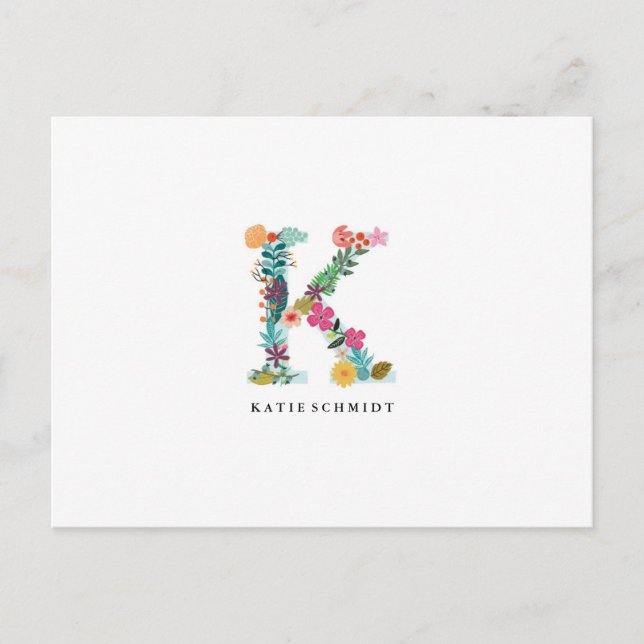 Floral Letter Monogram Initial - K - Flat Card (Front)