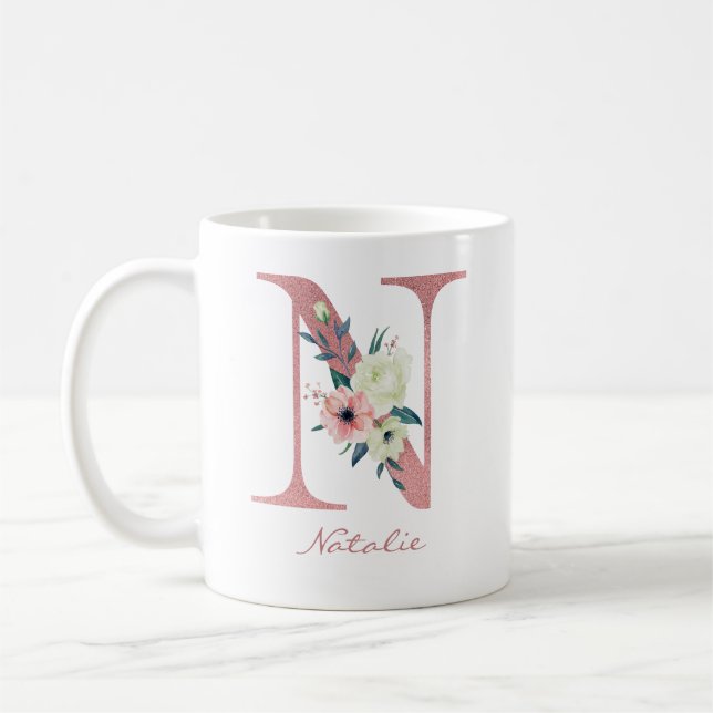Floral Letter N Initial - Pink and Ivory Bouquet Coffee Mug (Left)