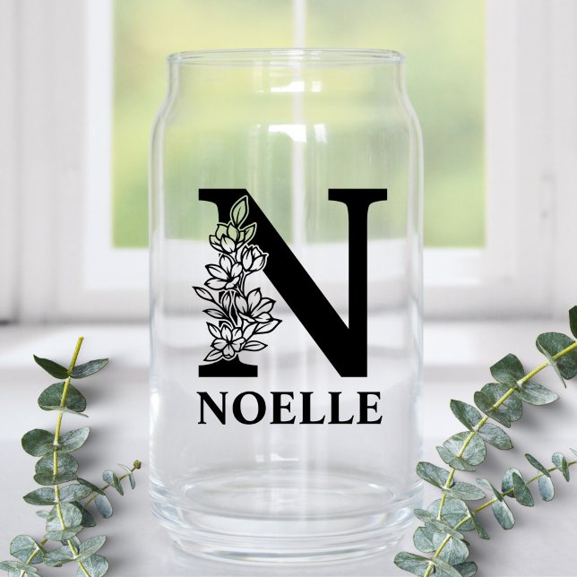 Floral Letter N Monogram and Personalised Name Can Glass (Creator Uploaded)