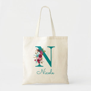 Floral Letter N Script Monogram Teal Pink Tote Bag