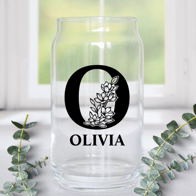 Floral Letter O Monogram and Personalised Name Can Glass (Creator Uploaded)