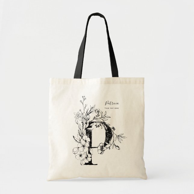 Floral Letter P farmhouse botanical monogrammed Tote Bag (Front)