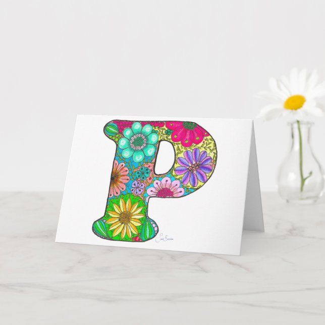Floral Letter P Greeting Card - Blank Inside (Small Plant)