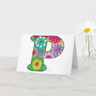 Floral Letter P Greeting Card - Blank Inside