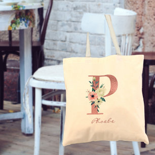 Floral Letter P Watercolor Pink and Ivory Bouquet Tote Bag
