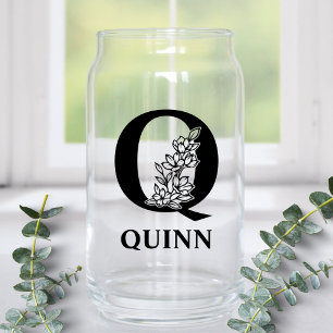 Floral Letter Q Monogram and Personalised Name Can Glass
