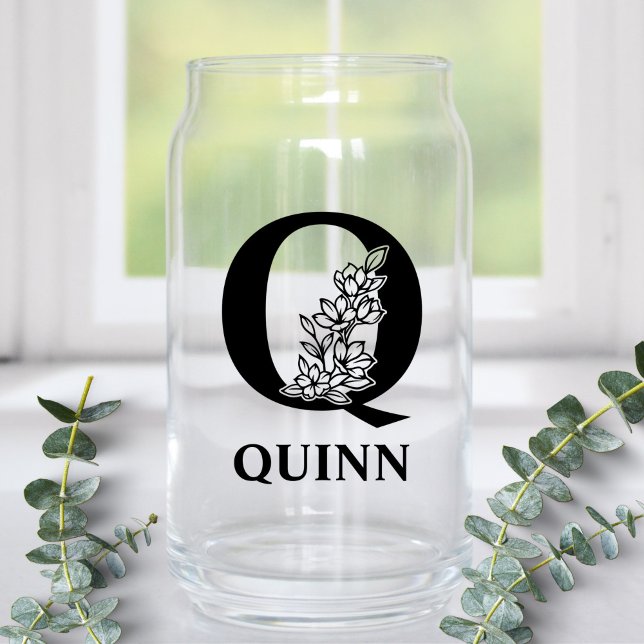 Floral Letter Q Monogram and Personalised Name Can Glass (Creator Uploaded)