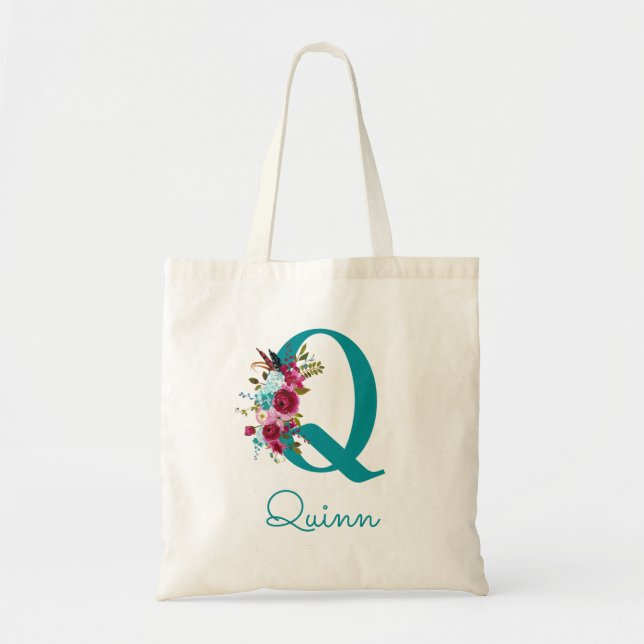 Floral Letter Q Script Monogram Teal Pink Tote Bag (Front)