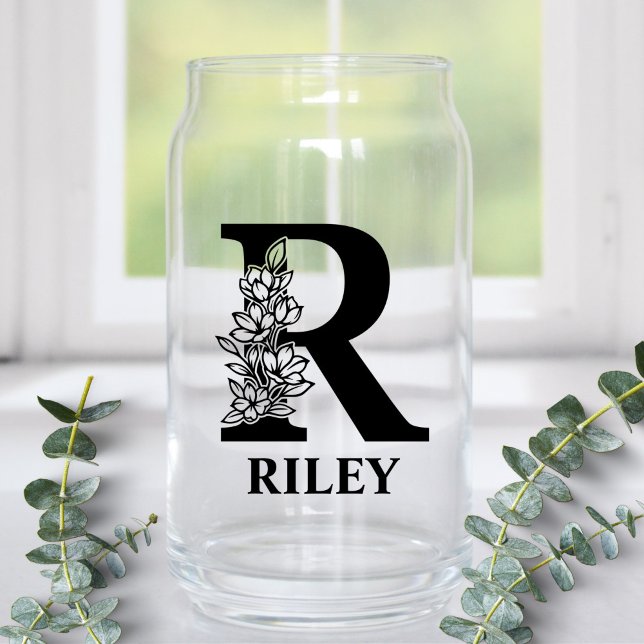Floral Letter R Monogram and Personalised Name Can Glass (Creator Uploaded)
