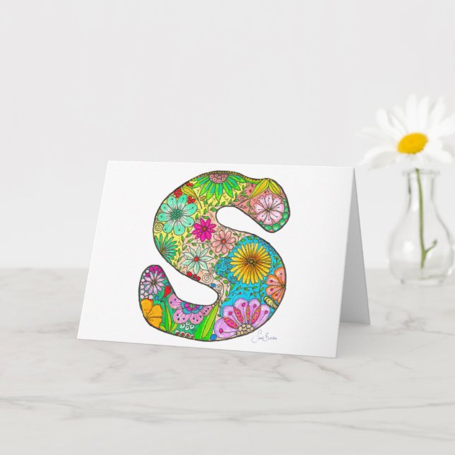 Floral Letter S Greeting Card - Blank Inside (Small Plant)